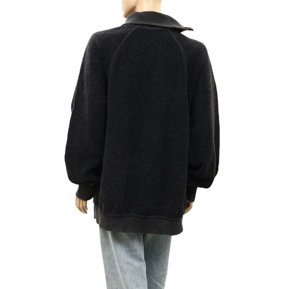 Free People Sweatshirt Tunic Top Cotton Long Sleeve Black Zipper Solid L 289502